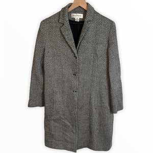 Rena Rowan Black And White Herringbone Pattern Thigh length Wool Coat